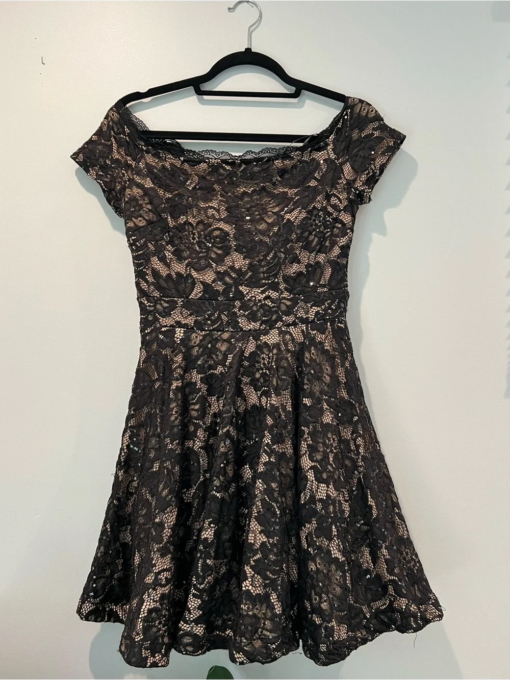 B Darlin Black Lace One-Shoulder Fit-and-Flare Dress with Nude Underlay